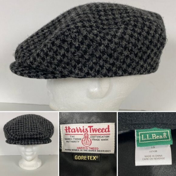 LL Bean Harris Tweed Wool Flat Cap Cabbie Hat Houndstooth...